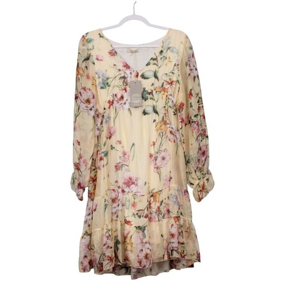NWT BELLAMBRA Silk Blend Tiered Hem Mini Dress Yellow Floral Size Medium Italy - Picture 1 of 16